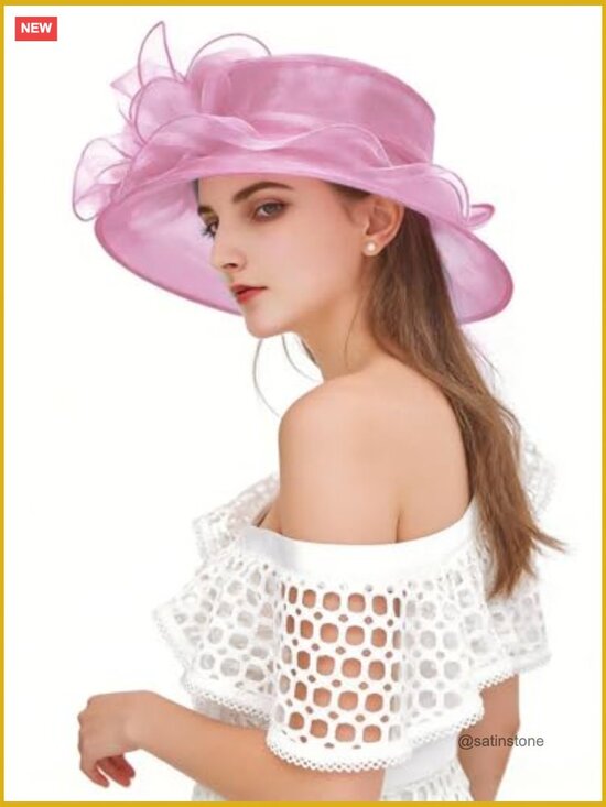Organza Fascinator Derby Hat with Wide Brim for Wedding Church Tea Party